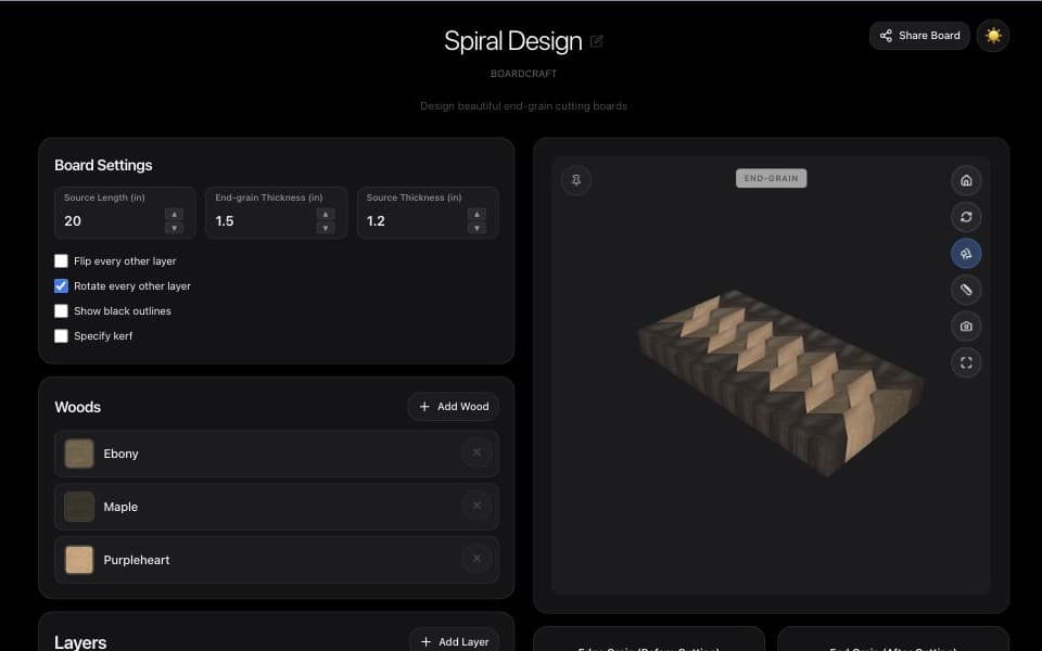BoardCraft editing a board named Spiral Design: board settings and three woods (ebony, maple, purpleheart) on the left, a 3D preview of the end-grain board on the right