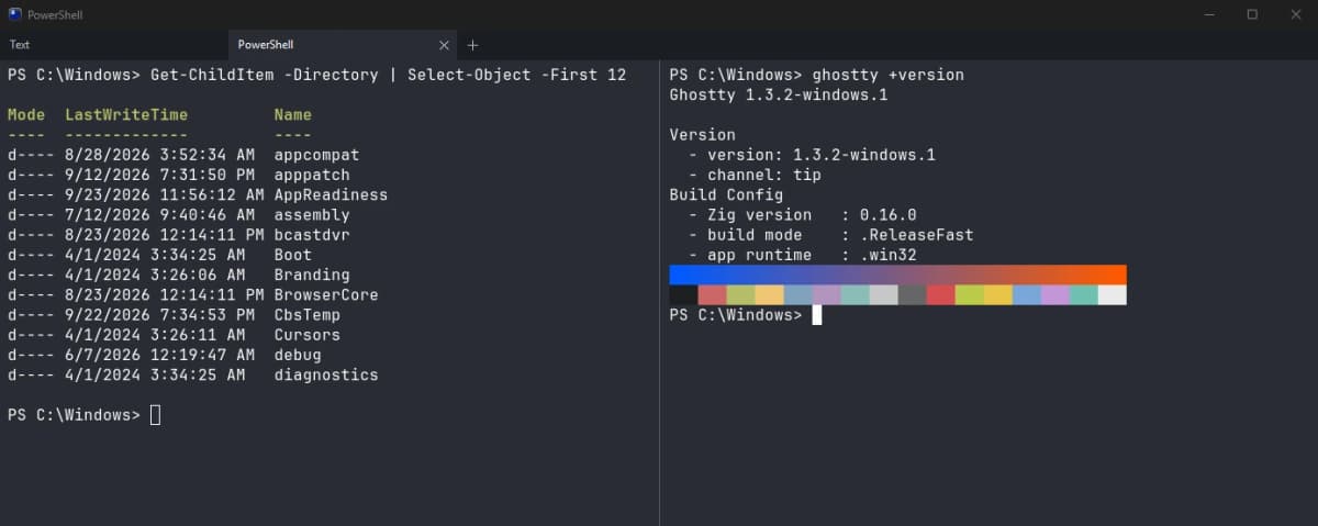 Ghostty running natively on Windows 11, split into two PowerShell panes, the left one listing the folders in C:\Windows