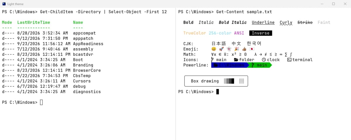 Ghostty running natively on Windows 11, split into two PowerShell panes, the left one listing the folders in C:\Windows