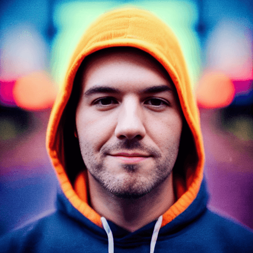 Selfies — AI artwork by Josh Auriemma (00034-2569714914-portrait, close-up, joshauriemma man, in hoodie, colorful bokeh balls lights, cinematic lighting, --ar 3_4 --test)