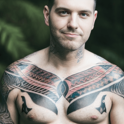 Selfies — AI artwork by Josh Auriemma (00081-3050704897-portrait photo of joshauriemma with tribal chest tattoos)