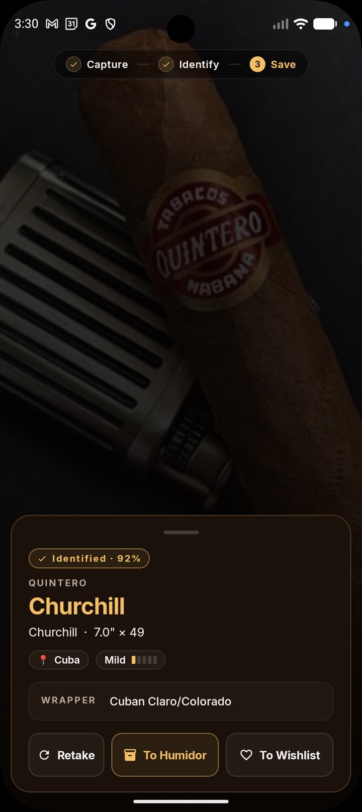 The result card for a Quintero Churchill, with a chip reading Identified, 92%