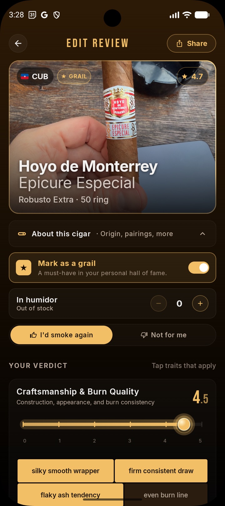 The review editor with rating sliders