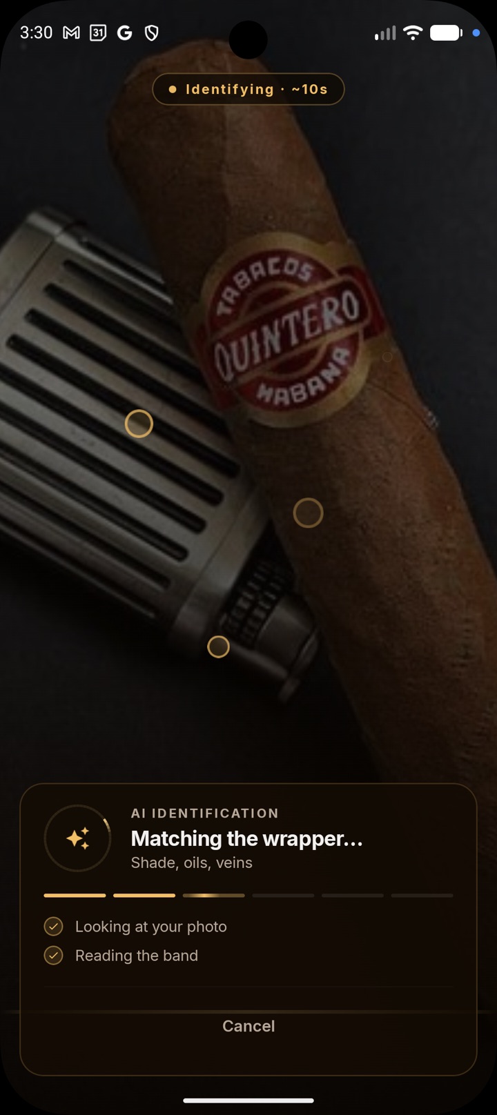 Scanning a cigar: the app reading the band and wrapper