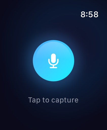 Humm on Apple Watch: a single glowing microphone button above the words Tap to capture